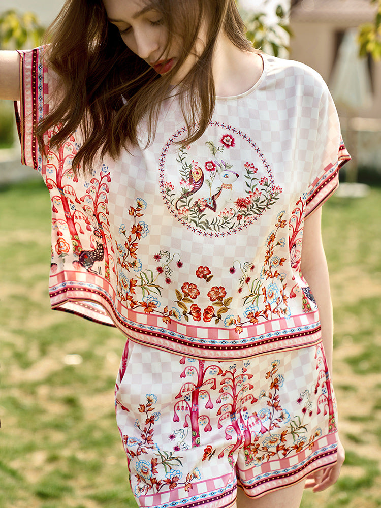 OVH Spring/Summer Silk Short Sleeve Shorts Set Women Mulberry Silk Printed Pajamas 19mm