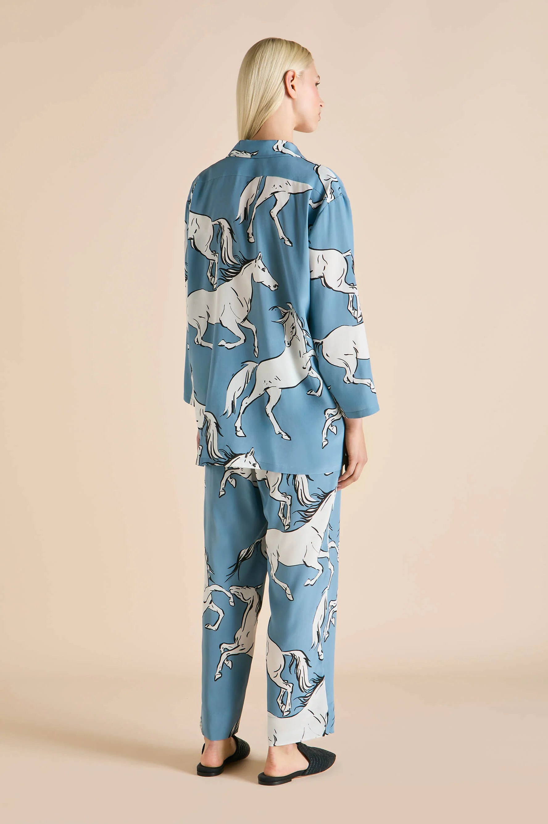 Spring and summer blue horse print mulberry silk pajamas home wear suit silk