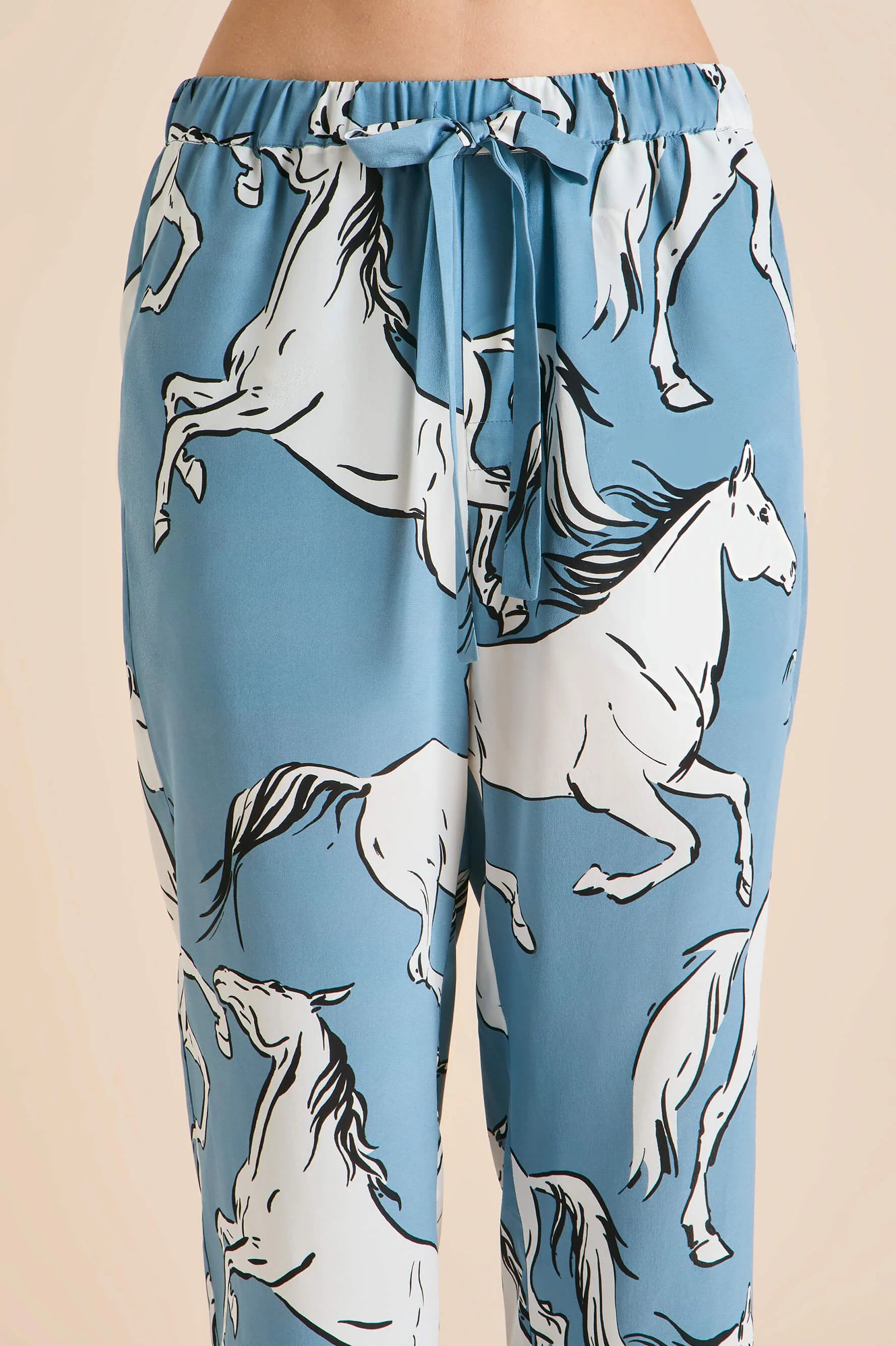 Spring and summer blue horse print mulberry silk pajamas home wear suit silk