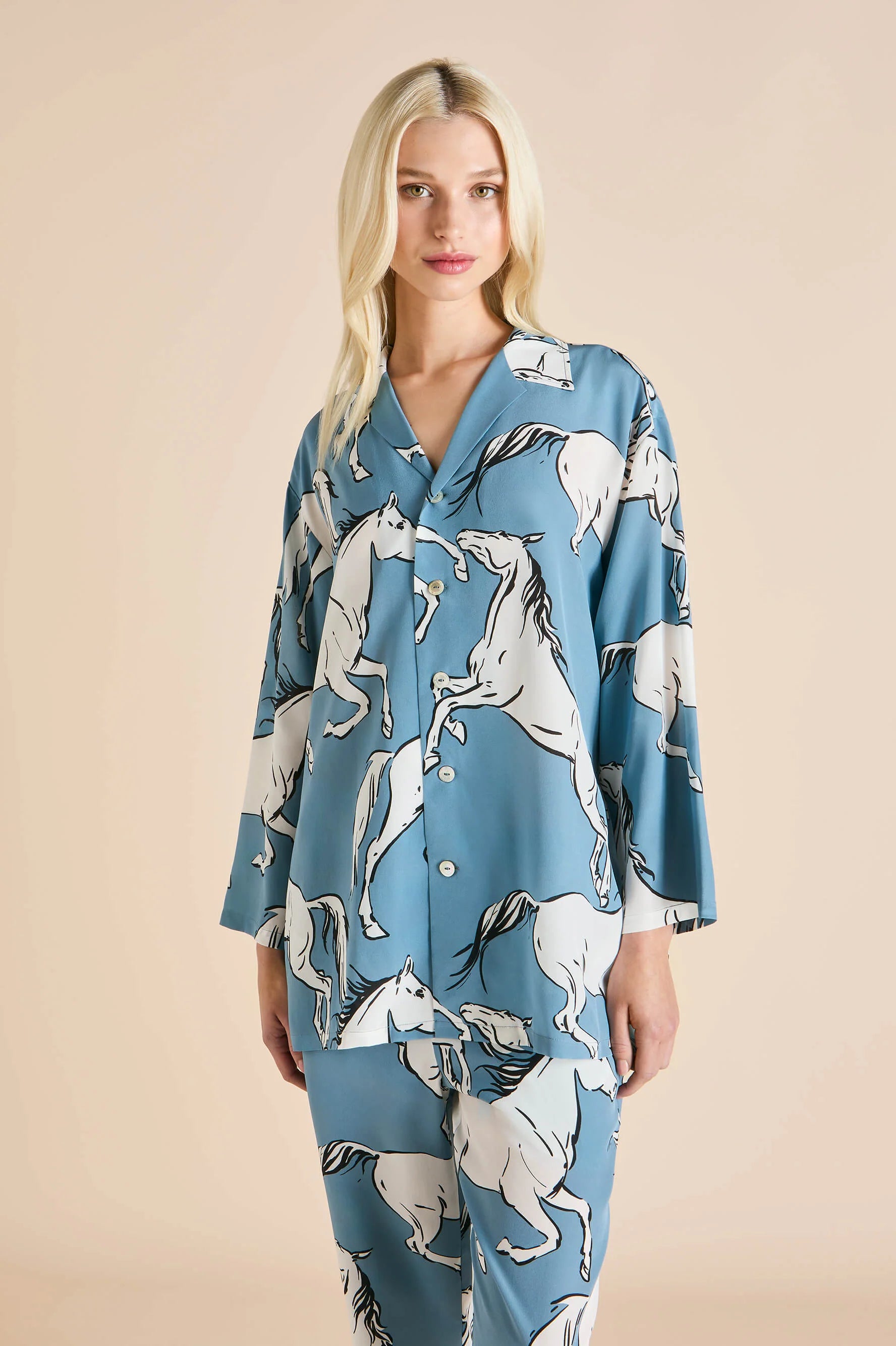 Spring and summer blue horse print mulberry silk pajamas home wear suit silk