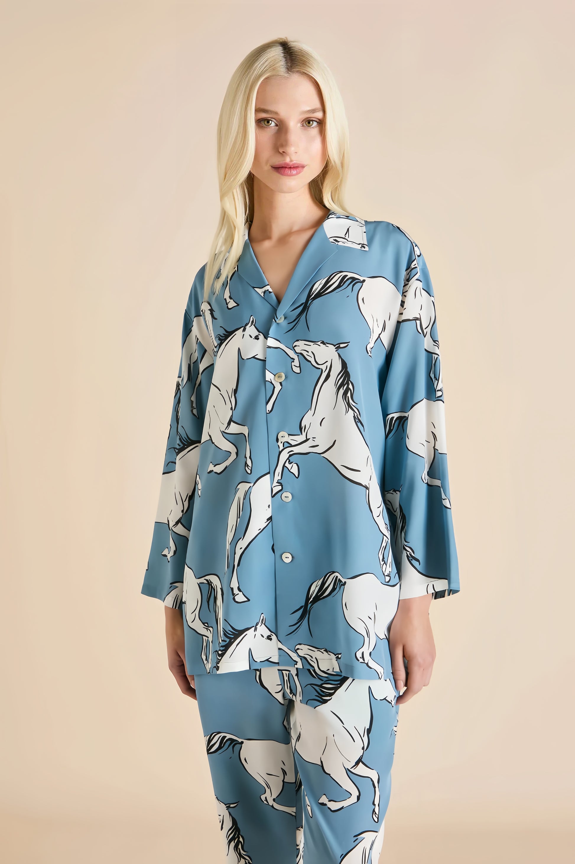 Spring and summer blue horse print mulberry silk pajamas home wear suit silk