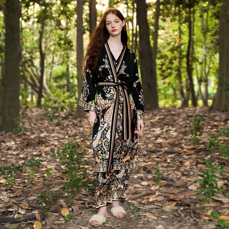 OVH spring and summer silk robe women's mulberry silk pajamas set homewear