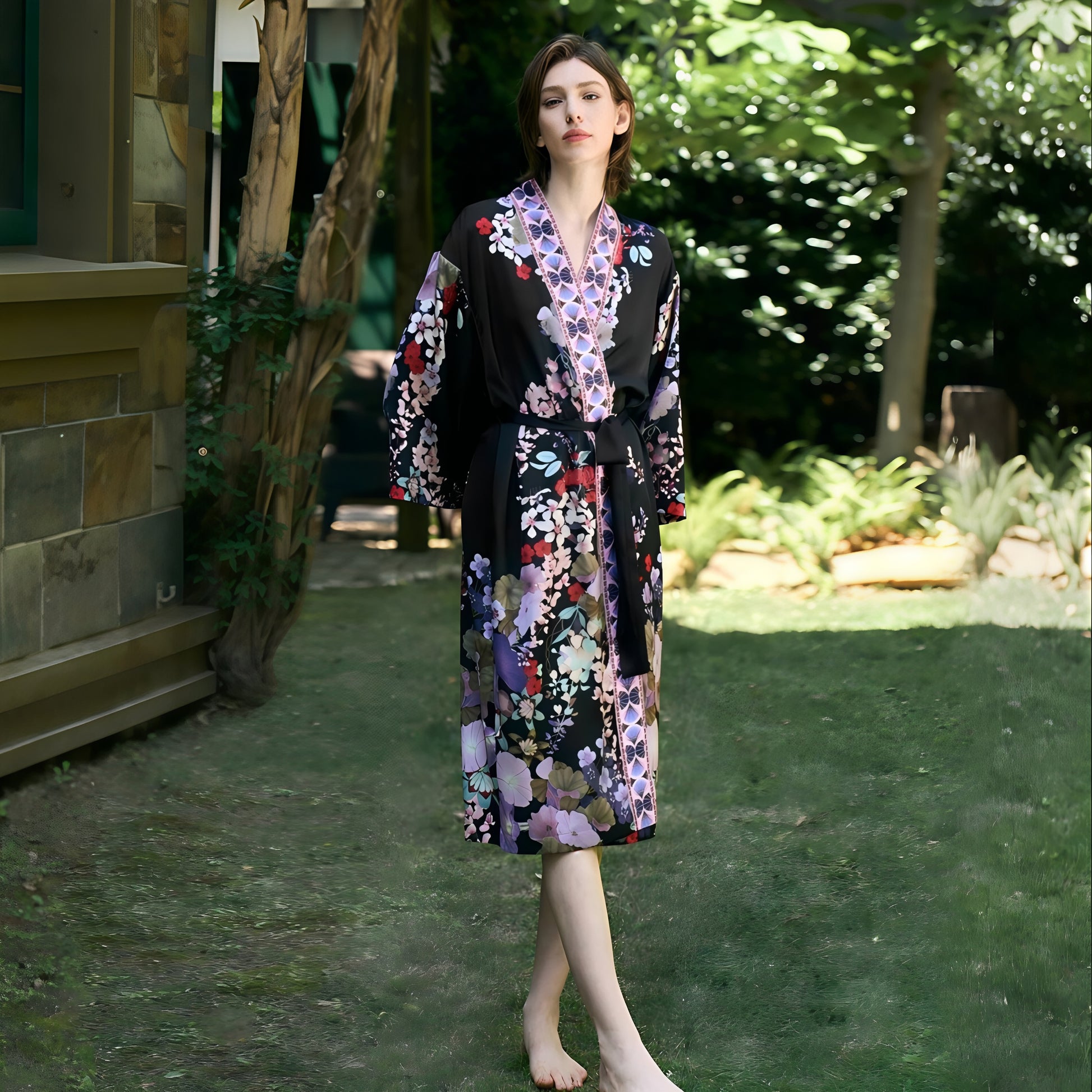 OVH spring and summer silk robe women's mulberry silk pajamas set homewear