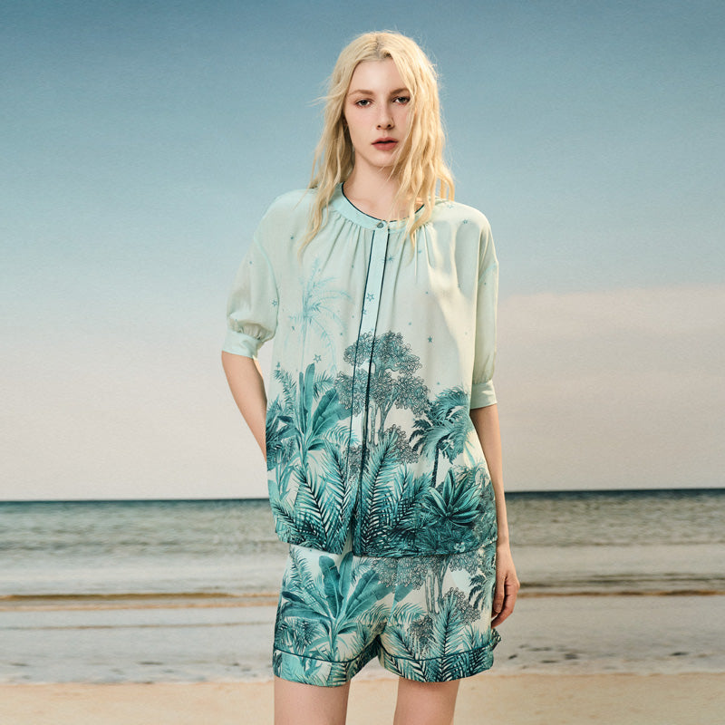 OVH Spring/Summer Silk Short Sleeve Shorts Set Women Mulberry Silk Printed Pajamas 19mm